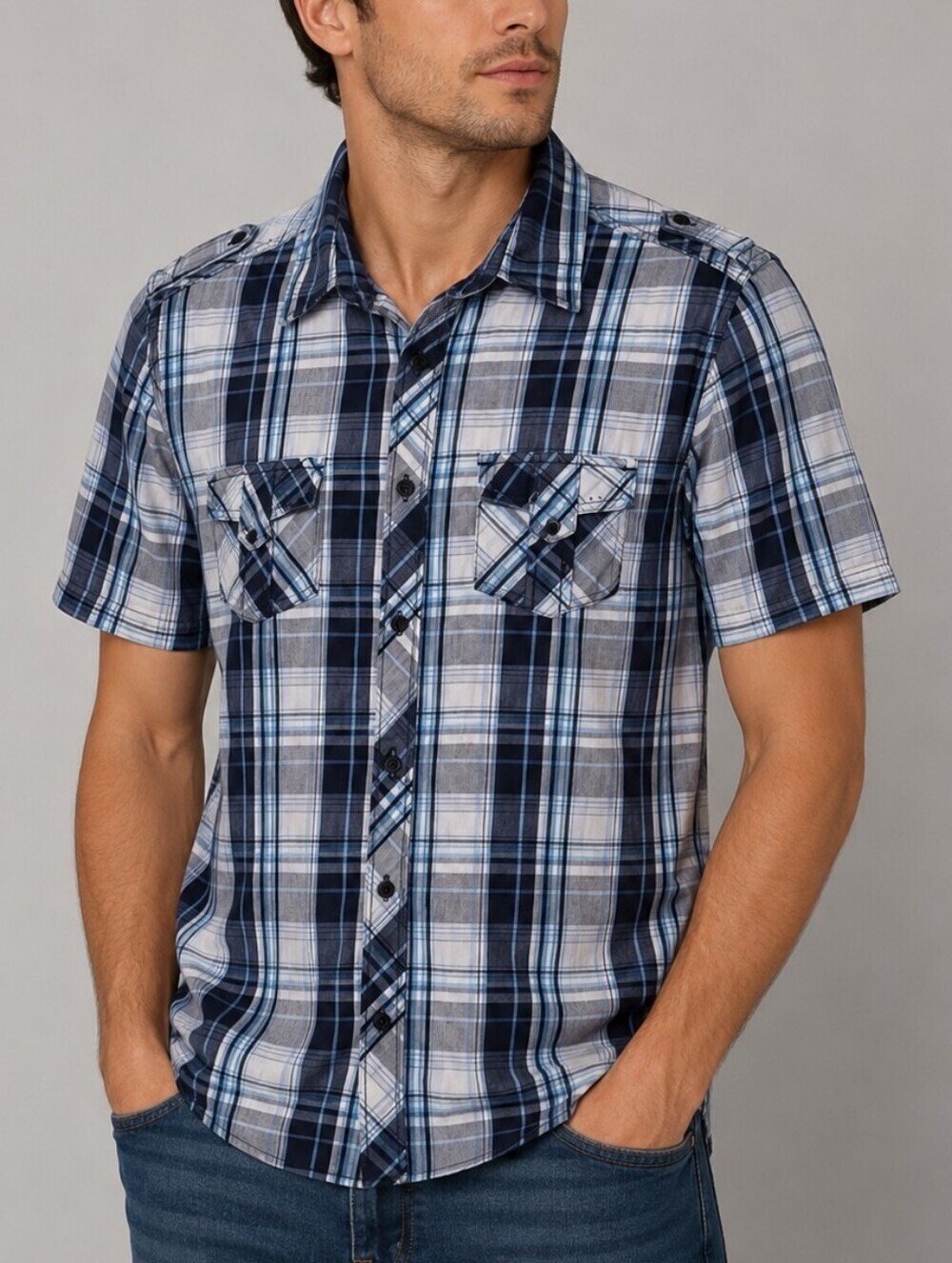 HELIX Button Down Short Sleeve Blue Plaid Western Unisex Shirt